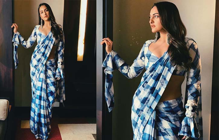 Sonakshi Sinha in blue and white checked saree